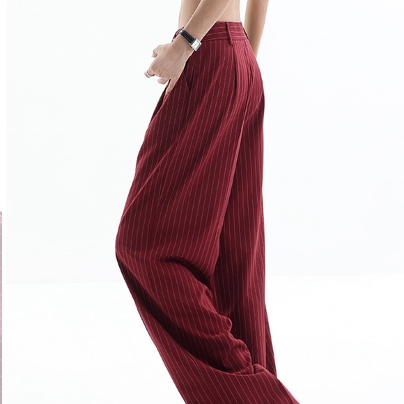 Stylish Asymmetrical Burgundy Striped Pants - Picture 2 of 10